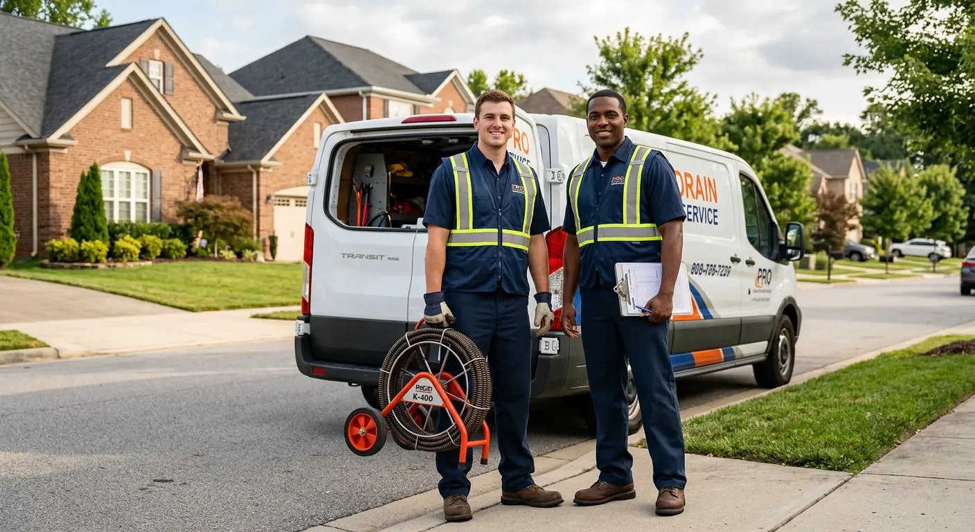 Sewer and drain service team with equipment ready for work in Winterville