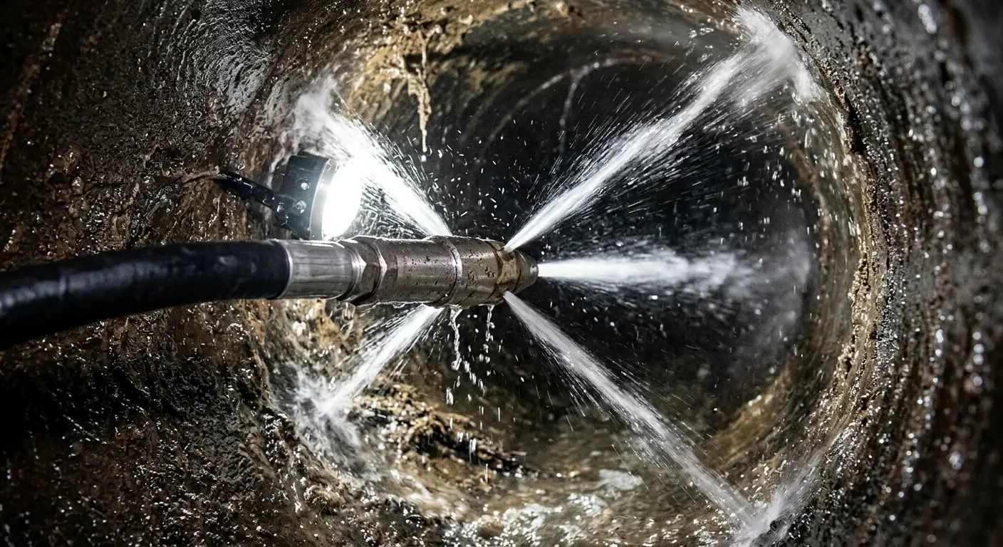 High-pressure hydro jetting nozzle cleaning sewer pipe for Trenchless Sewer Repair in Winterville
