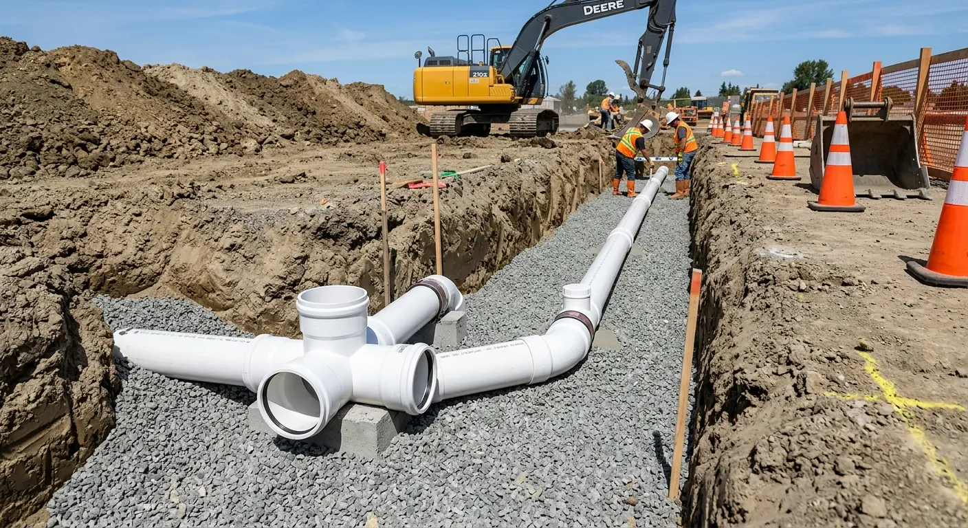 New PVC sewer pipe installation in open trench for Commercial Drain Cleaning in Winterville