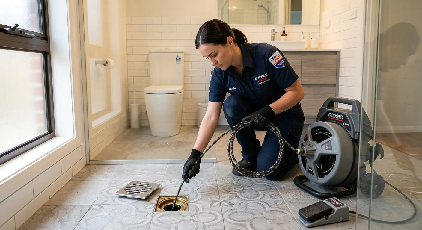 Technician clearing a bathroom floor drain for Hydro Jetting in Winterville
